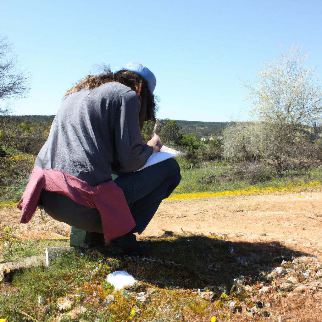 Person writing in rural setting